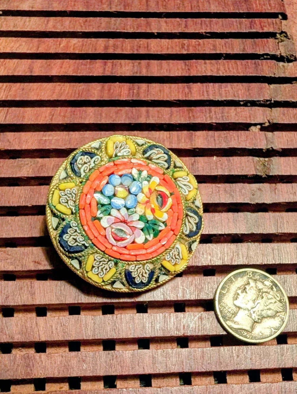 Vintage Micro Mosaic Floral Round Brooch - Coral, Yellow, Blue